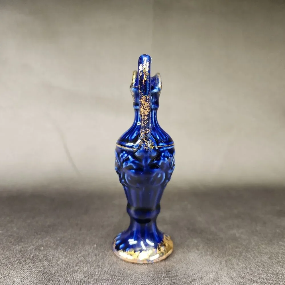 Dark  Blue with Gold accents Miniature Vase 4.5 inches Tall Unmarked